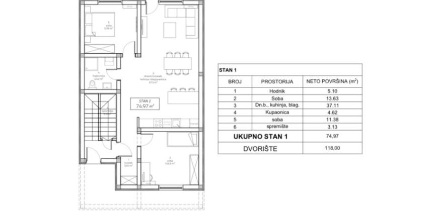 STAN OSIJEK, DONJI GRAD, trosoban stan u izgradnji 74,97 M2 **PRIZEMLJE+VRT 118 m2+PARKING